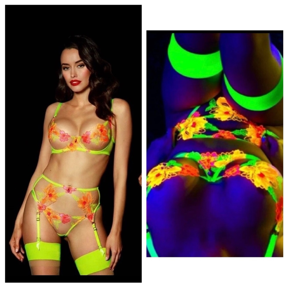 Honey Birtdette CHRISTINE NEON Set 3 PCS Bra 32DDD/F+Garter Belt XS+Thong XS